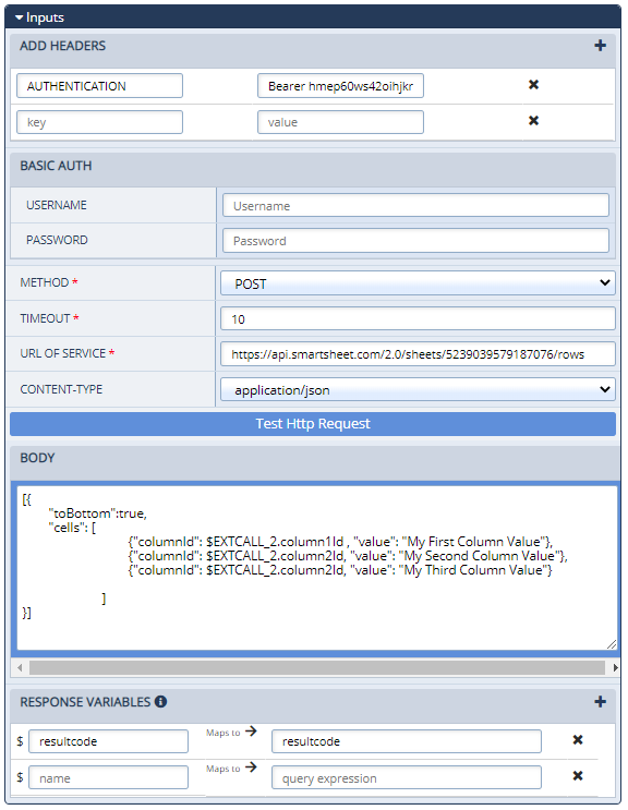 In the Configurations Panel for the External Web Call action, sample data appears in the body of the HTTP Request section